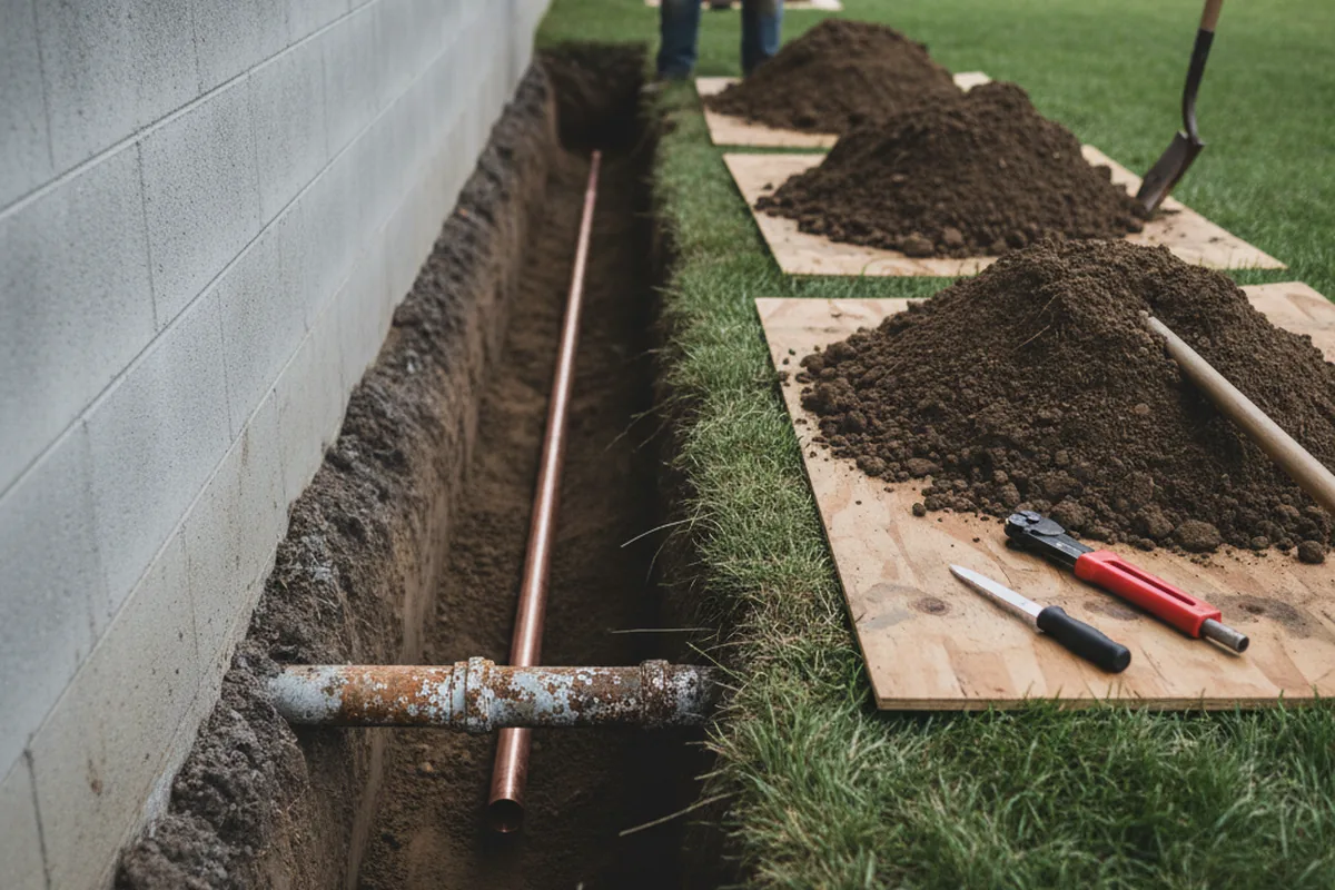 Excavated water line trench during Sewer Line Repair in Grabill